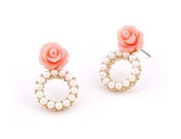 Pink Rose Pearl Hoop Stud Earrings